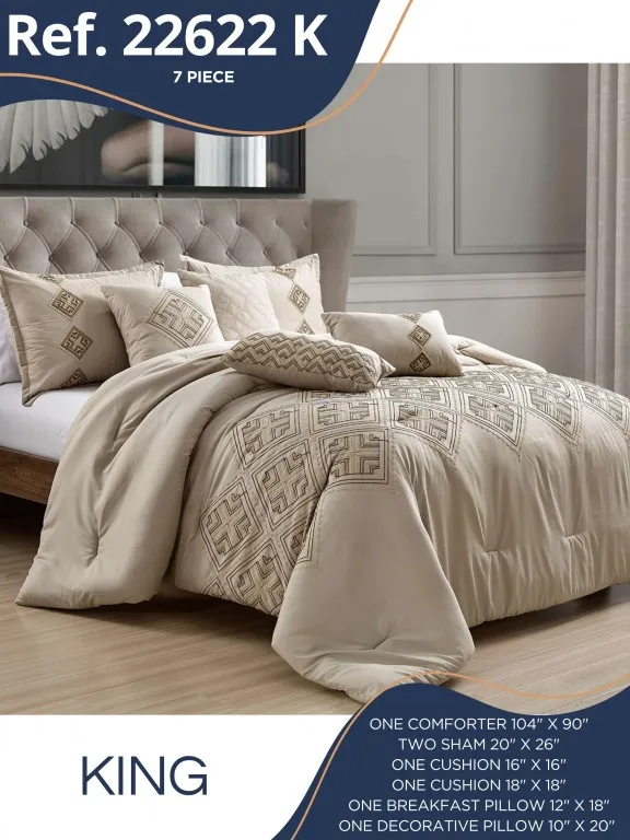[38722622K] Women's Beige Embroidered King 7-Piece Comforter Set 22622K