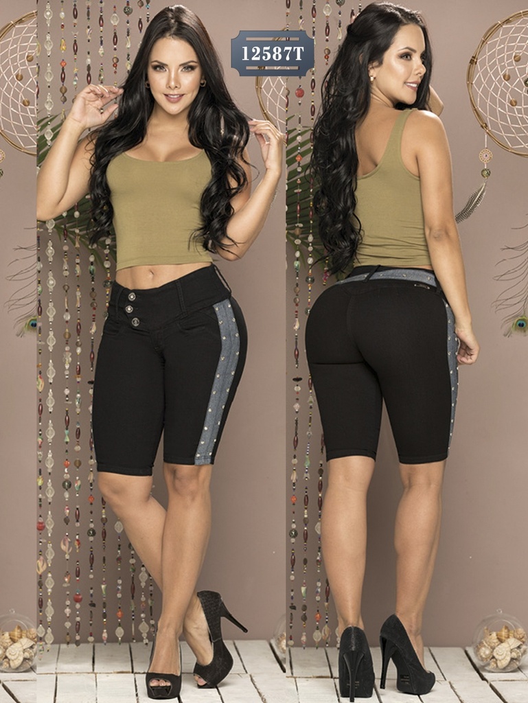 [00010112587T01] Short Bermuda con Franja Lateral Negro para Mujer 12587T (1)