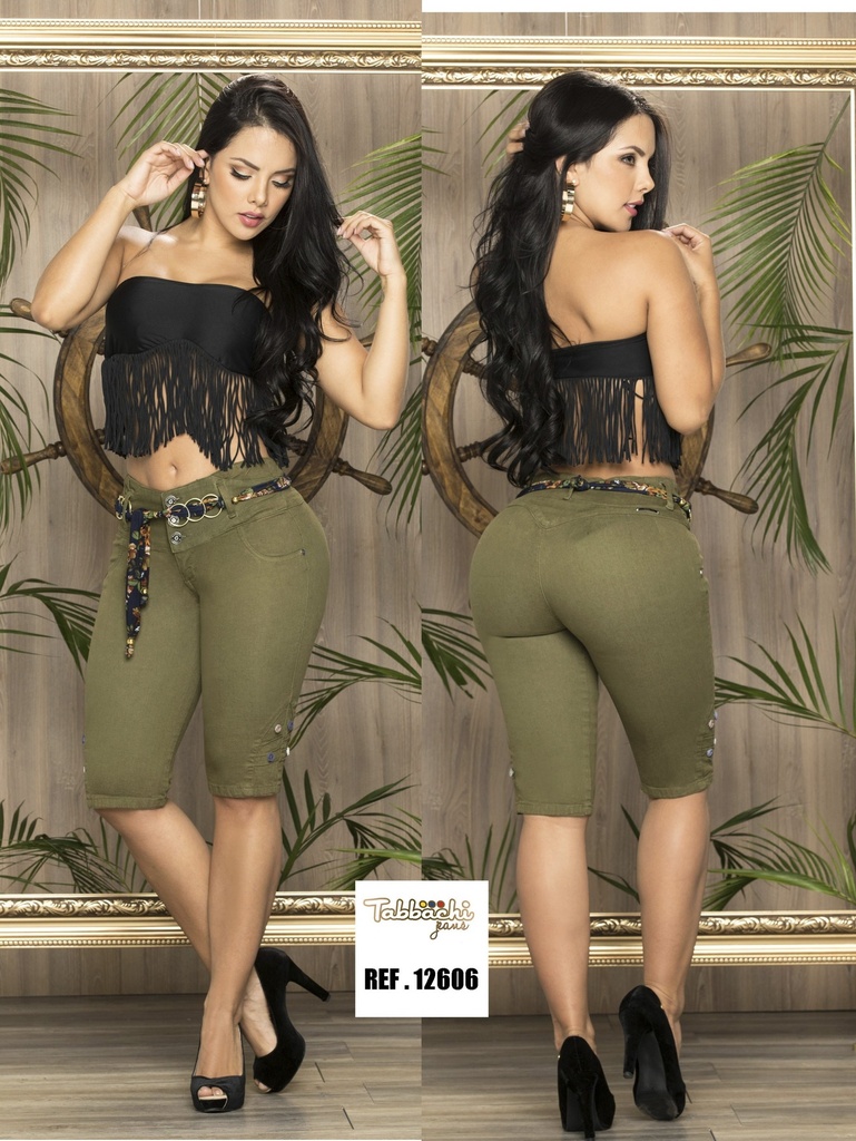 [00010112606T01] Women's Olive Green Stretch Bermuda Shorts 12606T (1)