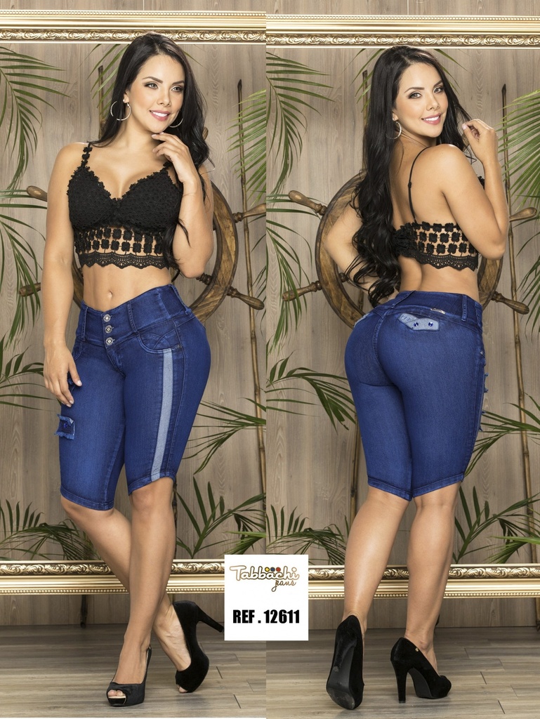 [00010112611T01] Short Bermuda de Mezclilla con Panel Lateral Azul Marino para Mujer 12611T (1)