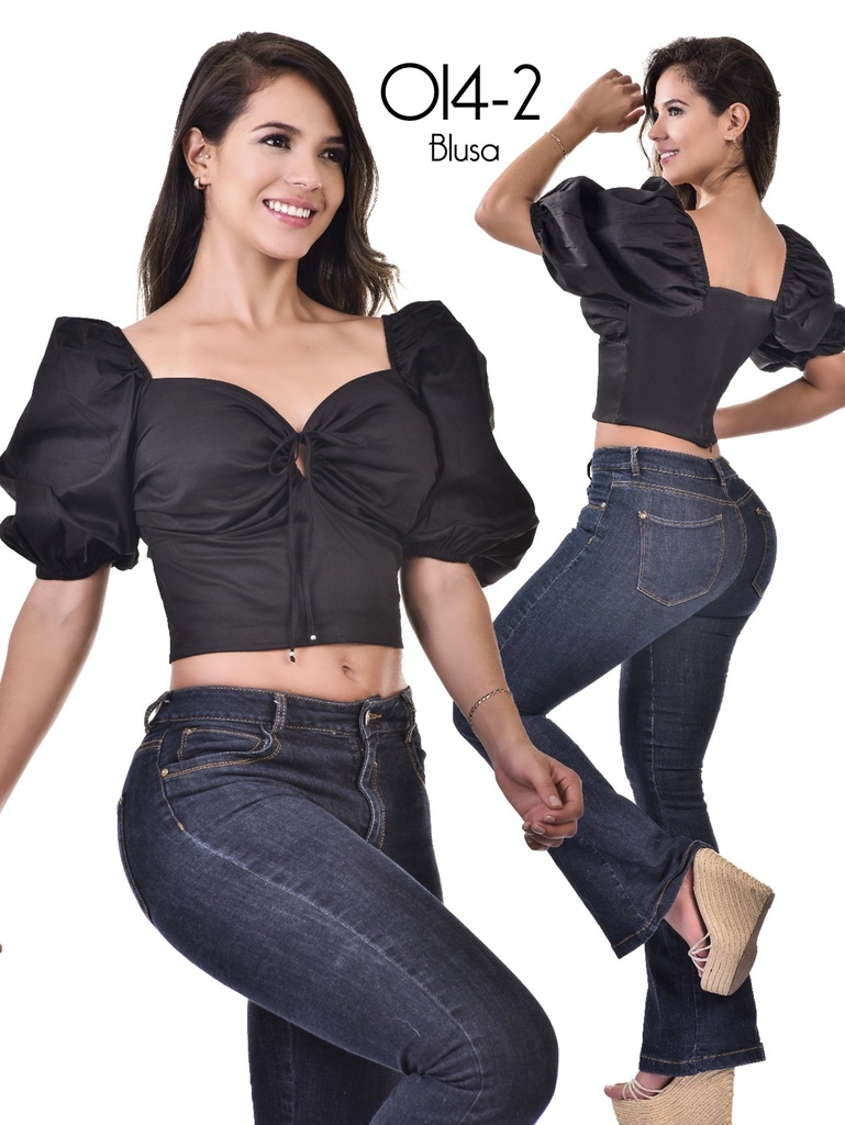 Crop Top Mangas Abullonadas Negro para Mujer O14-2