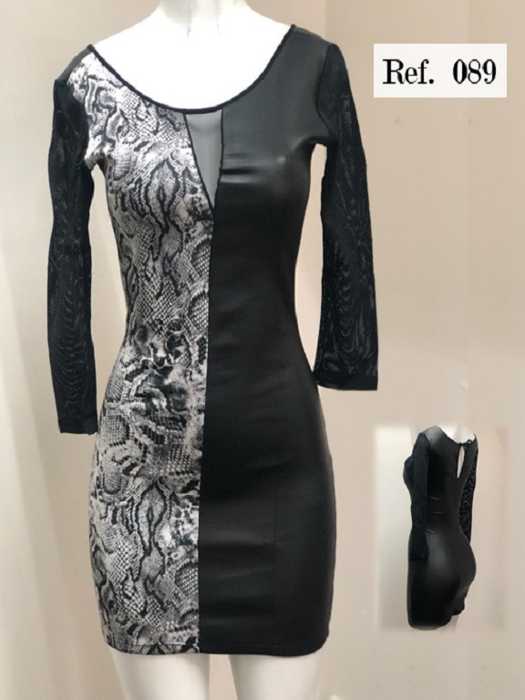 Vestido Ajustado Manga Larga Negro y Plateado para Mujer 089
