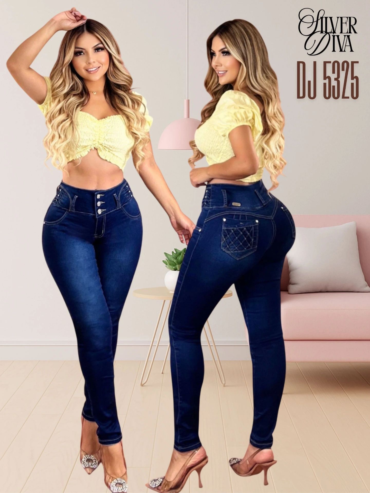 Jeans Tiro Alto Levantacola Ajustados Azul Marino Oscuro para Mujer DJ5325