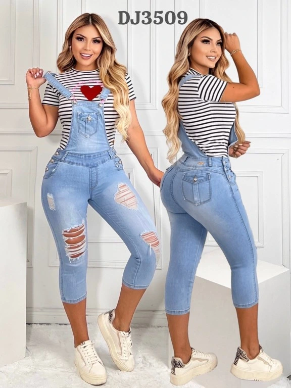 Jeans Capri Peto de Mezclilla Lavado Claro Desgastado para Mujer DJ3509