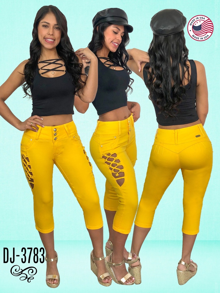 [108DJ378301] Jeans Capri Desgastado Levantacola Amarillo Mostaza para Mujer DJ-3783 (1)