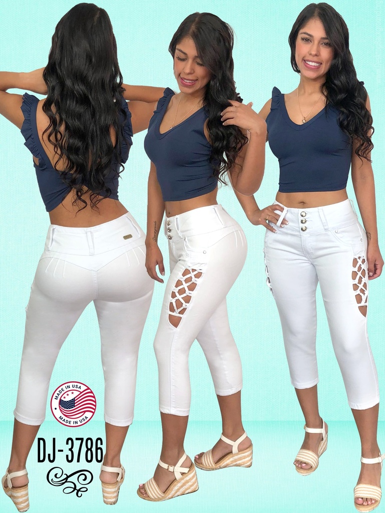 [108DJ378601] Jeans Capri Detalle de Cordones Laterales Blanco para Mujer DJ-3786 (1)