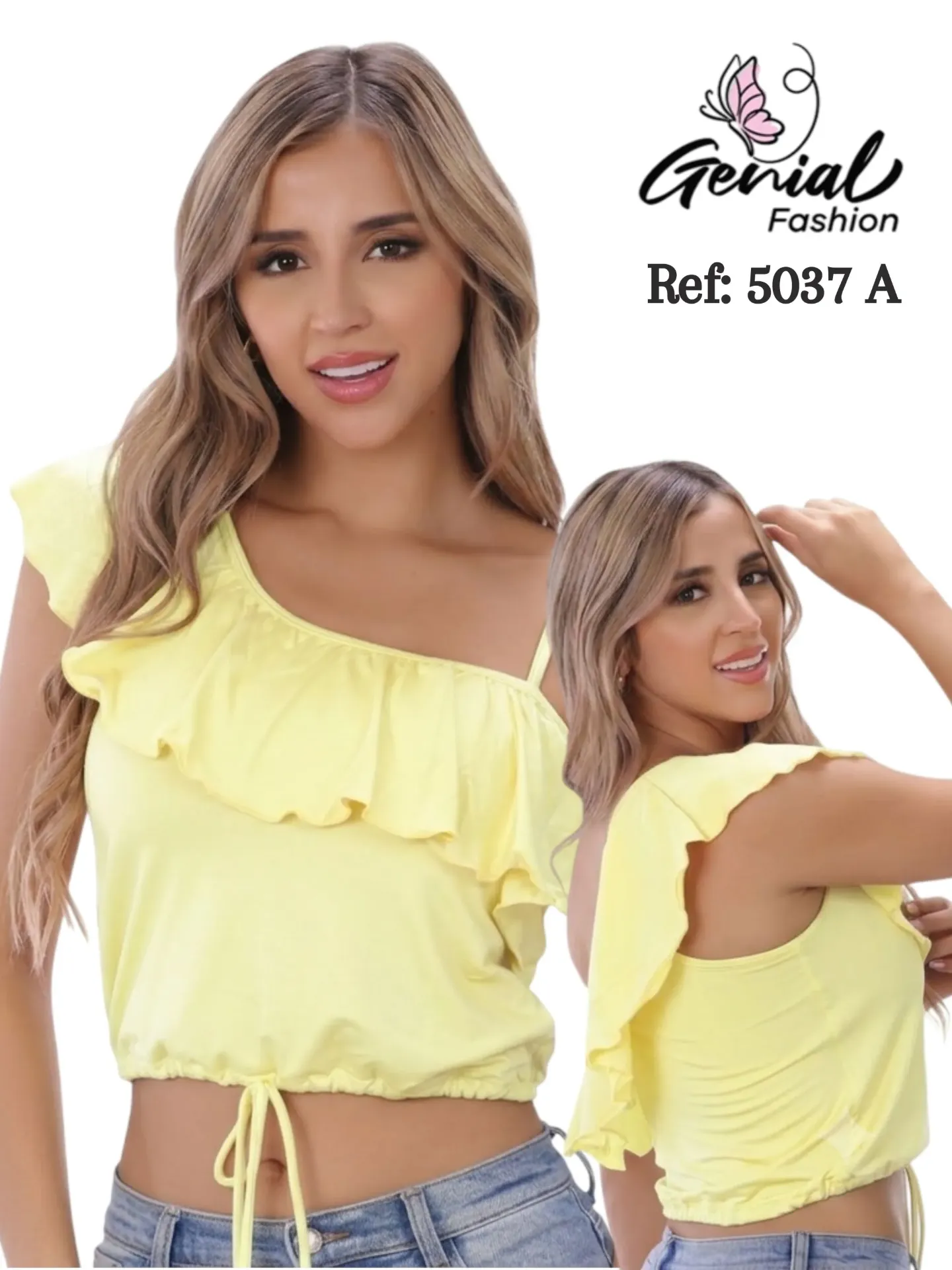 Women's Yellow One-Shoulder Ruffle Crop Top 5037A