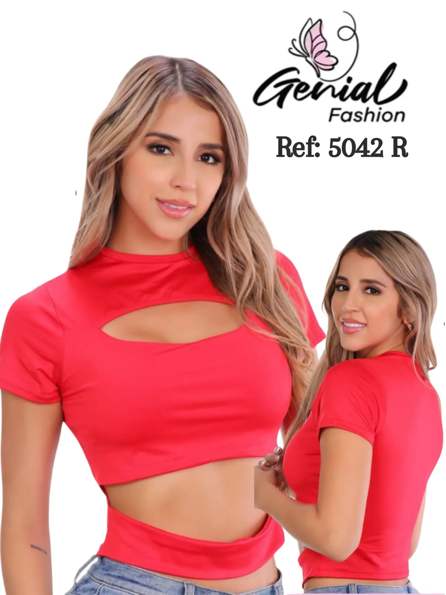Women's Red Cutout Short-Sleeve Crop Top 5042R