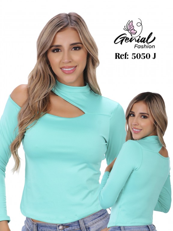 Crop Top Asimétrico Manga Larga con Abertura Menta para Mujer 5050J