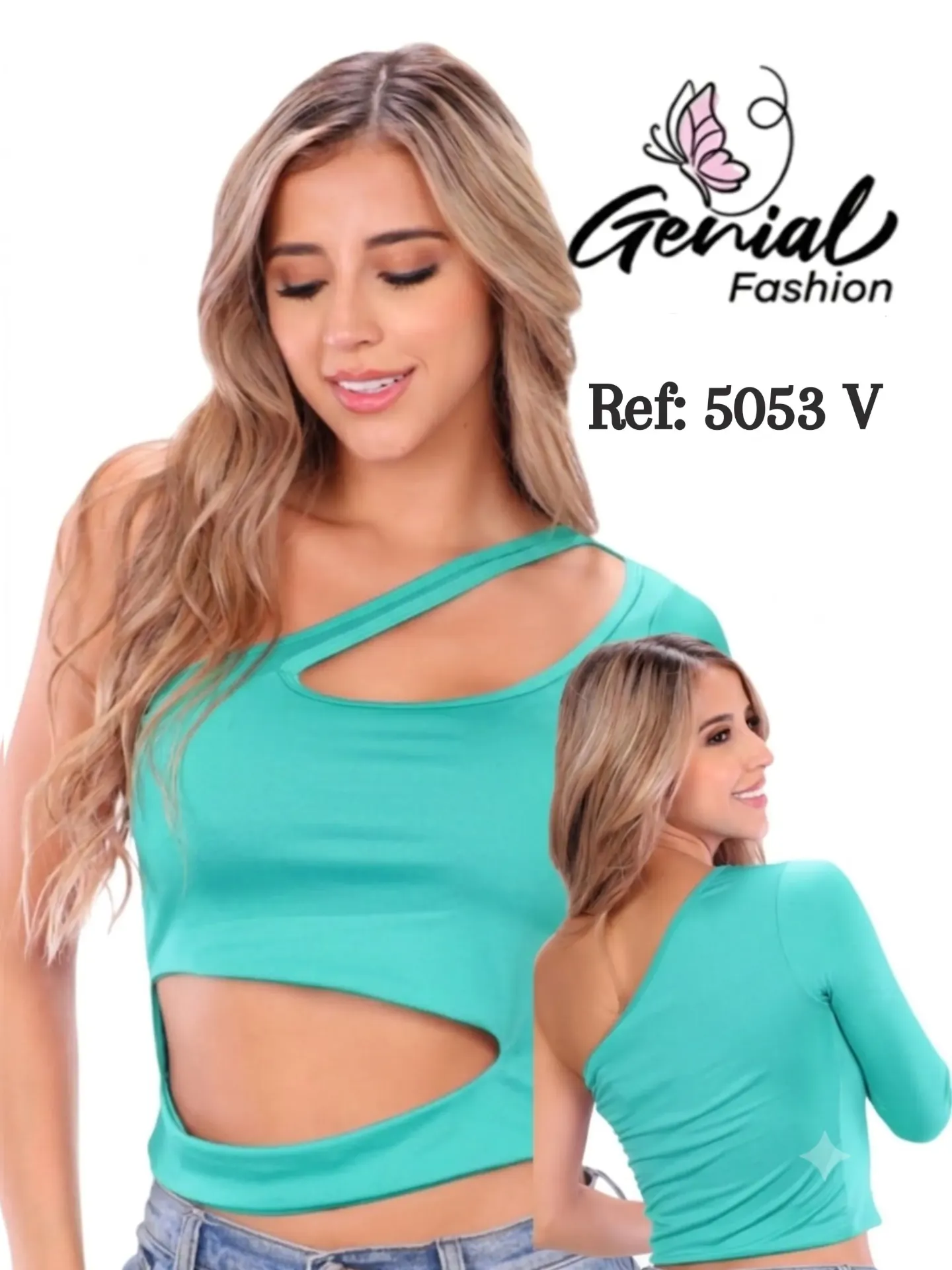 Women's Teal Asymmetric Cutout Crop Top 5053V