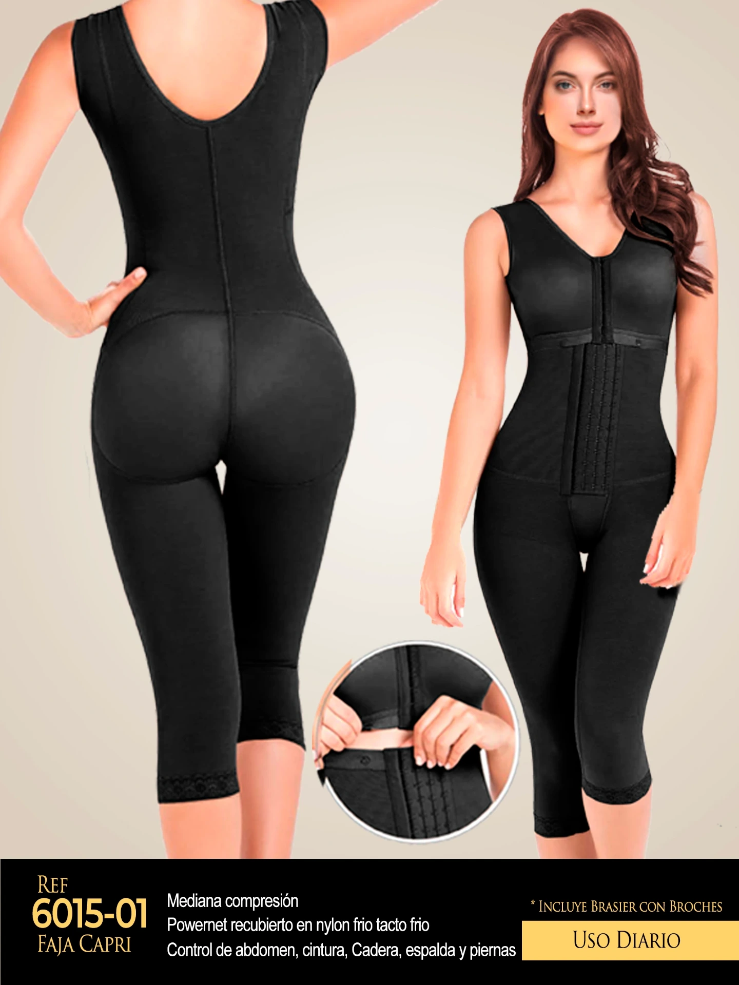 [1106015S01] Women's Black Capri Length Full Body Shaper Shapewear Body Shaper 6015-01 (S)
