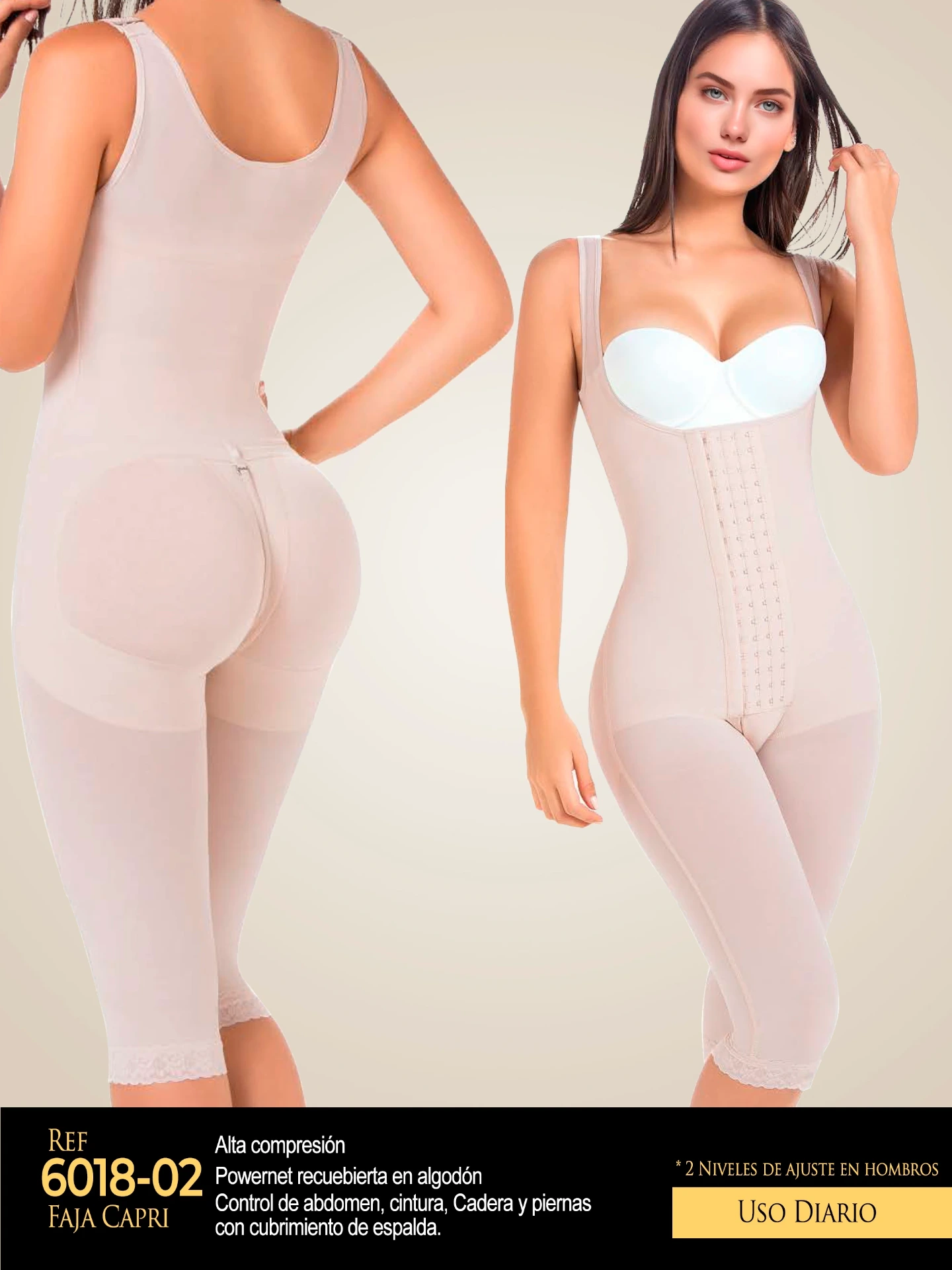 Women's Beige Knee Length Full Body Shaper Shapewear Body Shaper 6018-02
