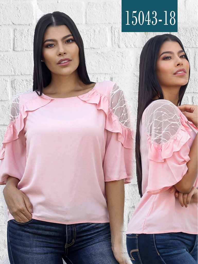 Blusa con Volantes y Mangas de Encaje Rosa para Mujer 15043-18