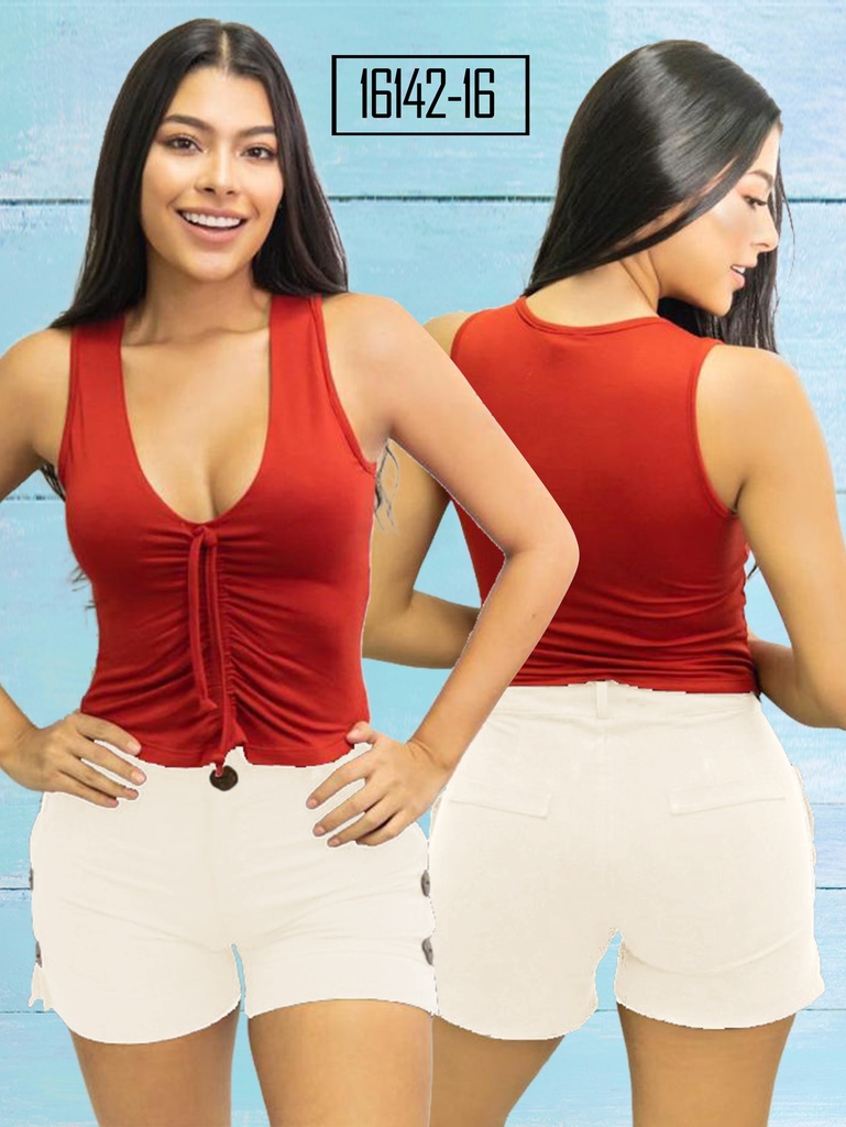 [1121614216S] Women's Cream Button Front Stretch Shorts 16142-16 (S)