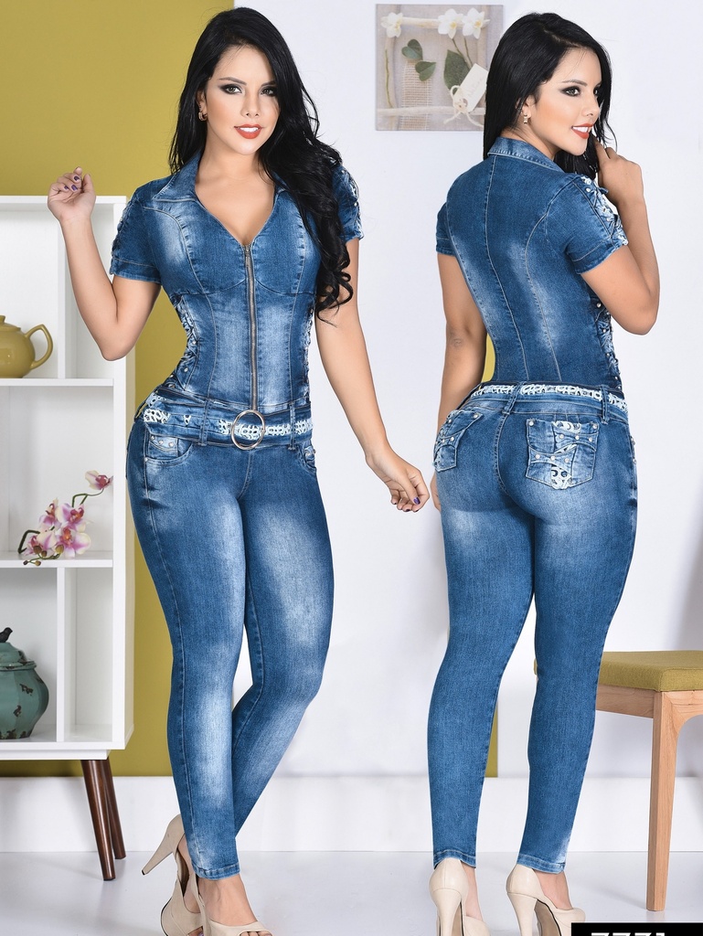 [113773101] Women's Medium Denim Short Sleeve Zip Front Jumpsuit 7731 (1)