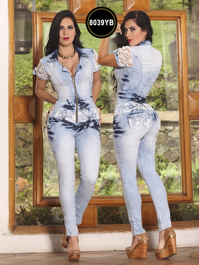 Women's Light Acid Wash Denim Short Sleeve Butt Lift Jumpsuit 8039YB