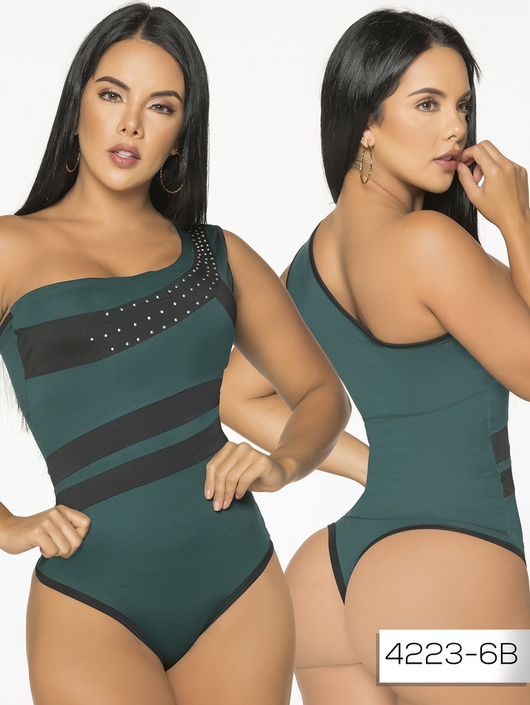 Women's Green One Shoulder Mesh Stripes Bodysuit 4223-6B