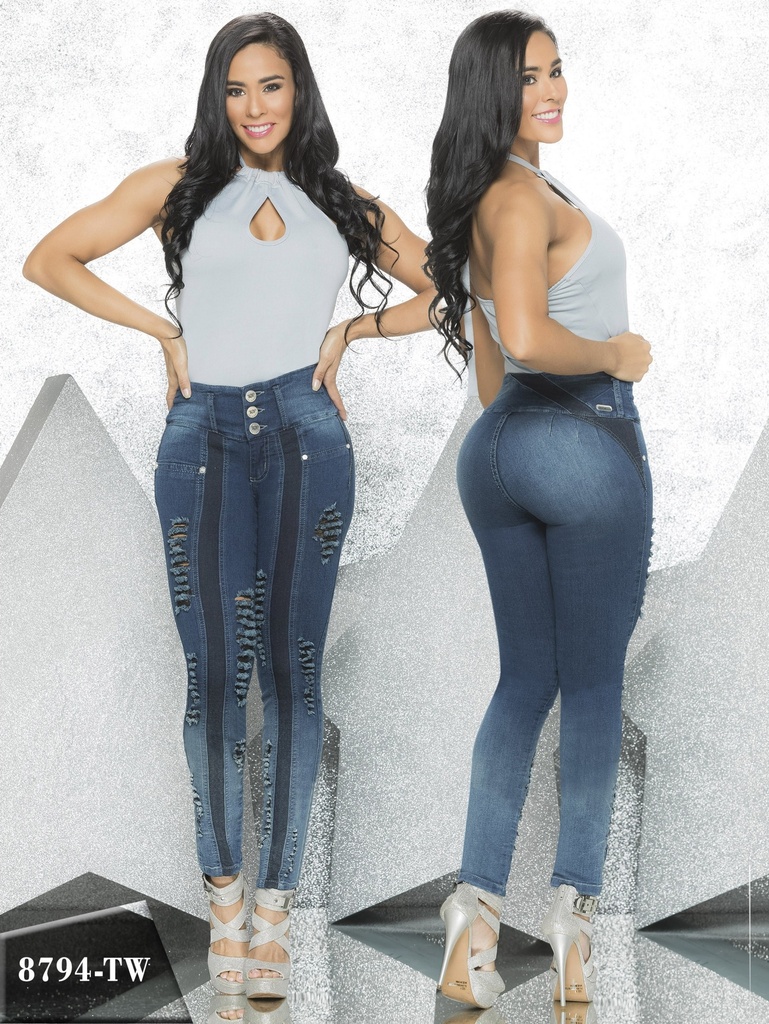 Jeans Levantacola Rotos Ajustados Lavado Oscuro para Mujer 8794TW
