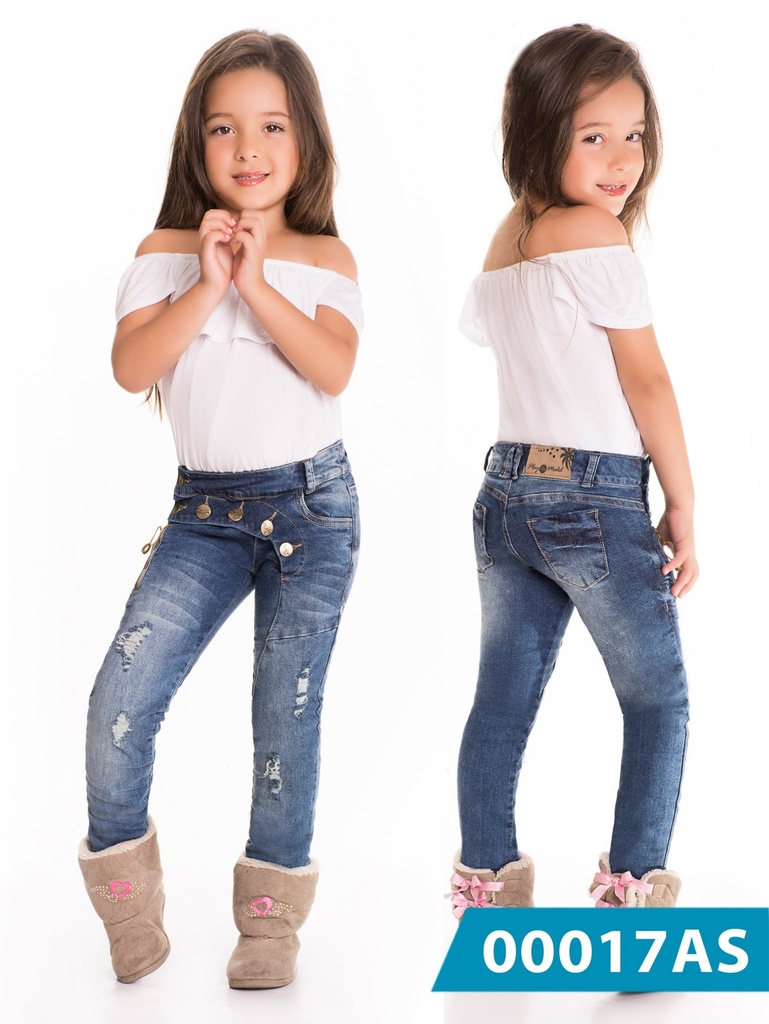 Jeans Skinny para Niña Azul Medio Rasgados con Botones Dorados – Así Sea