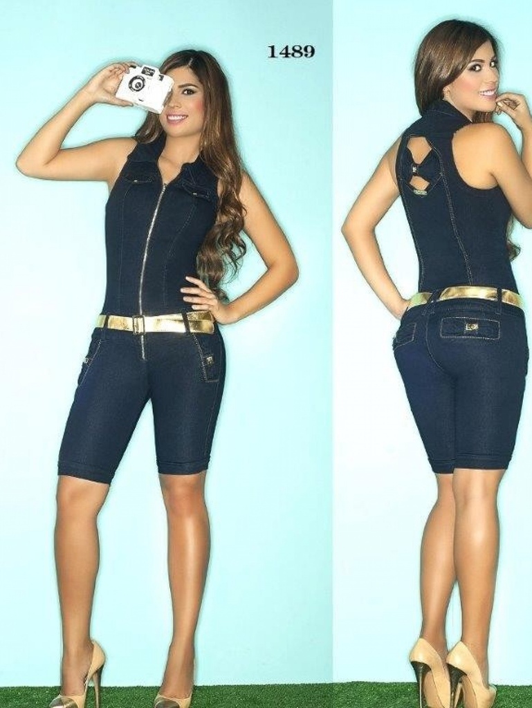 Women's Dark Denim Zip Bermuda Romper Back Cutout Jumpsuit 1480