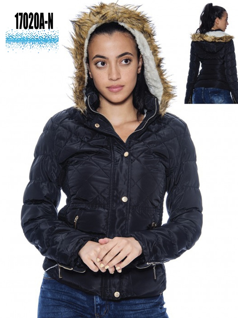 Women's Black Puffer Faux Fur Hood Puffer Jacket 17020A-N