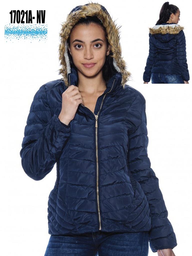 Chaqueta Acolchada con Capucha de Pelo Azul Marino para Mujer 17021A-NV