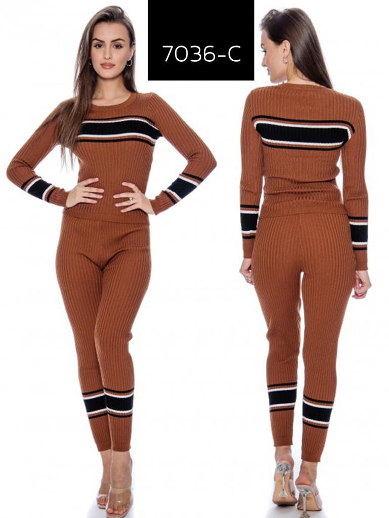 [2007036CL] Women's Brown Striped Knit Sweater & Leggings Two-Piece Set 7036-C (L)