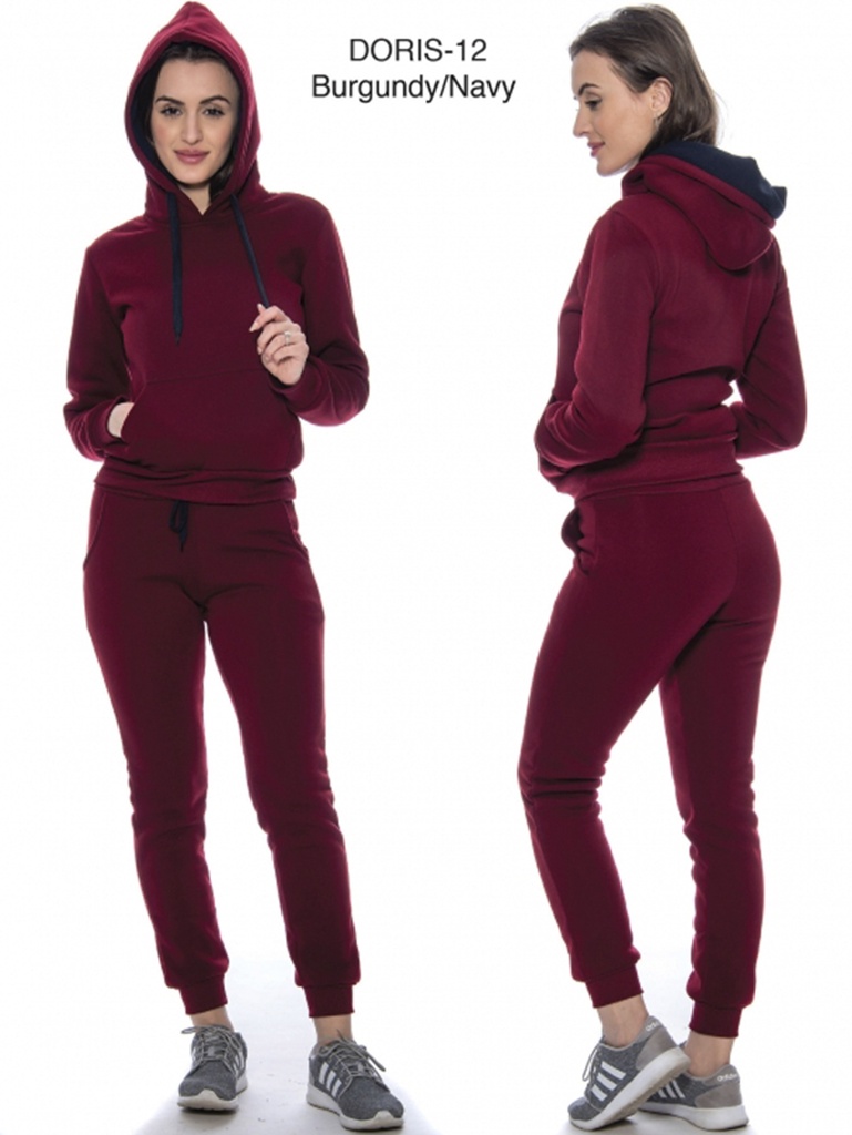 Women's Burgundy & Navy Hoodie & Joggers Activewear Set Doris-12 Burgundy