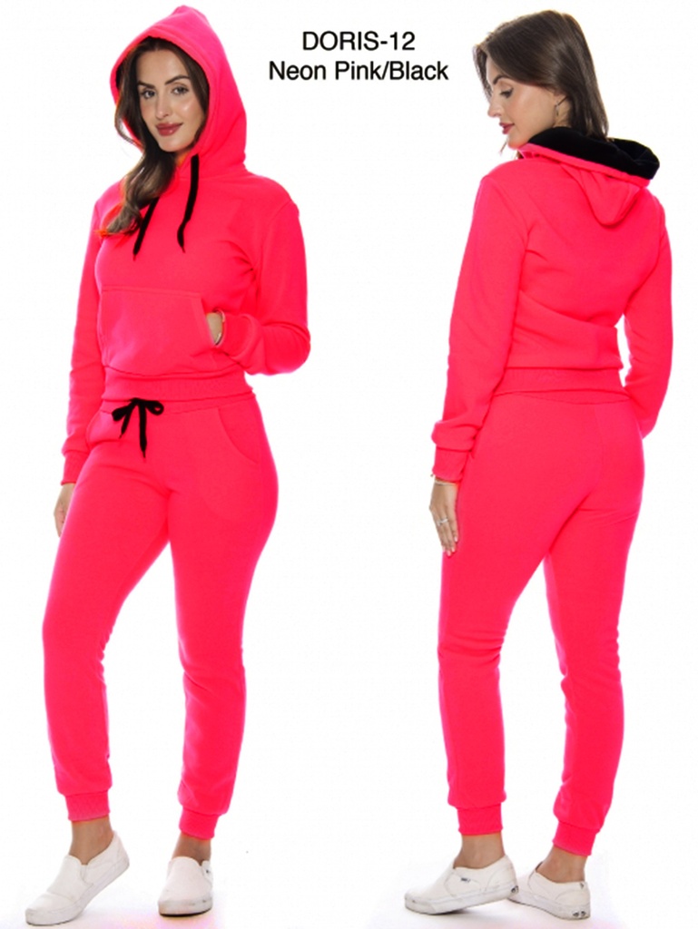 [200DORIS12PS] Women's Neon Pink & Black Hoodie & Joggers Activewear Set Doris-12 Neon (S)
