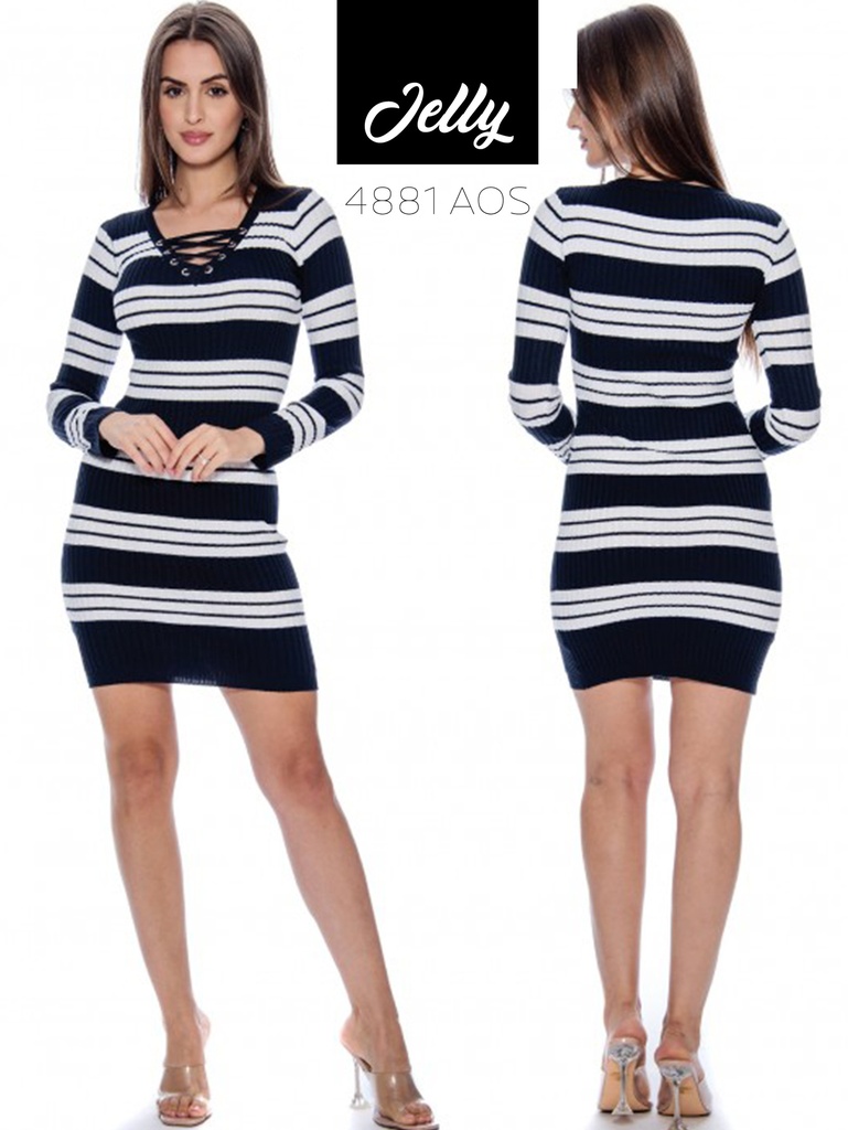 Vestido Ajustado de Punto a Rayas Rayas Azul Marino y Blanco para Mujer 4881 AOS