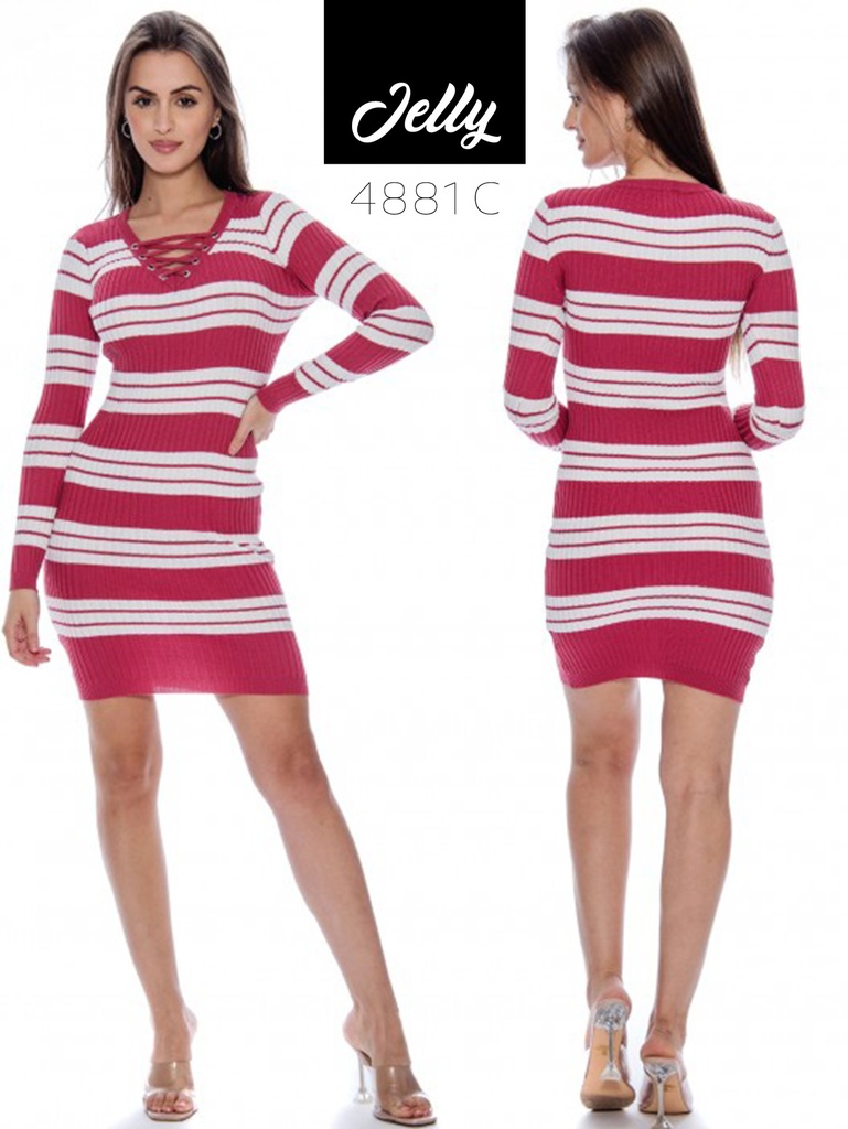 [200JELLY4881CS] Women's Fuchsia & White Striped Striped Sweater Bodycon Dress 4881C (S)