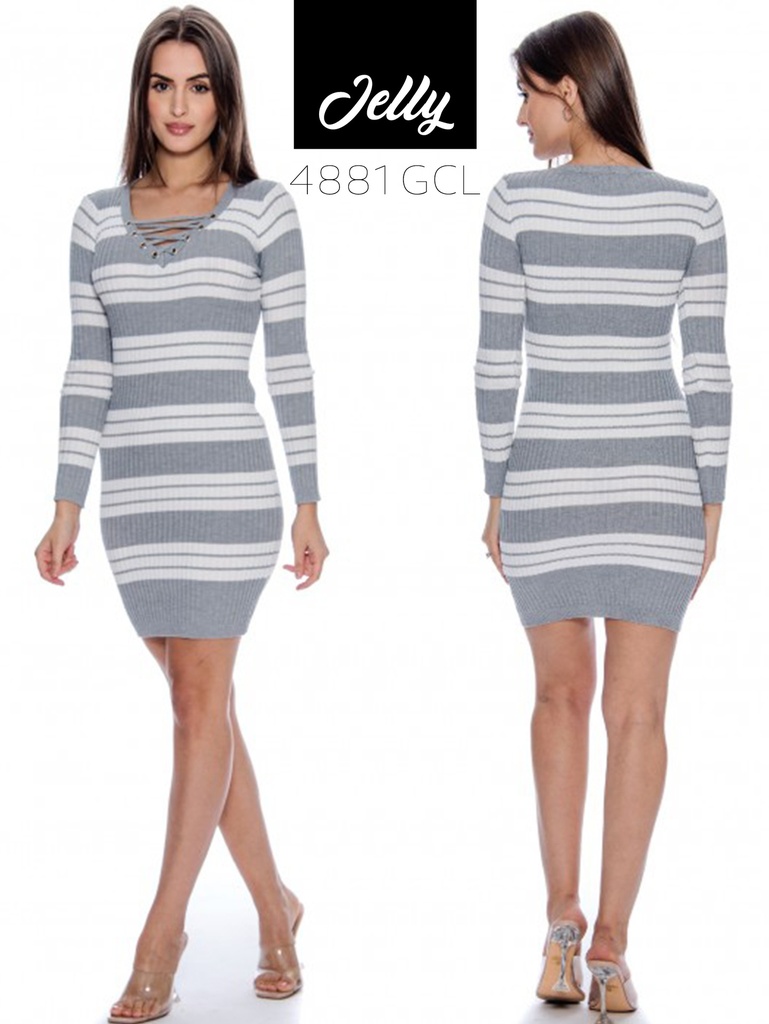 Vestido Ajustado de Punto a Rayas Rayas Gris y Blanco para Mujer 4881GCL
