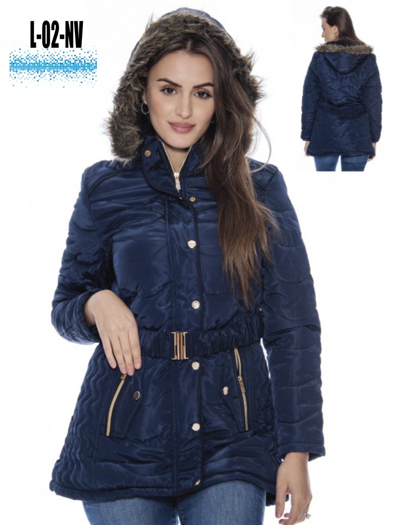 [200L02NVM] Women's Navy Belted Faux Fur Hooded Puffer Jacket L-02-NV (M)