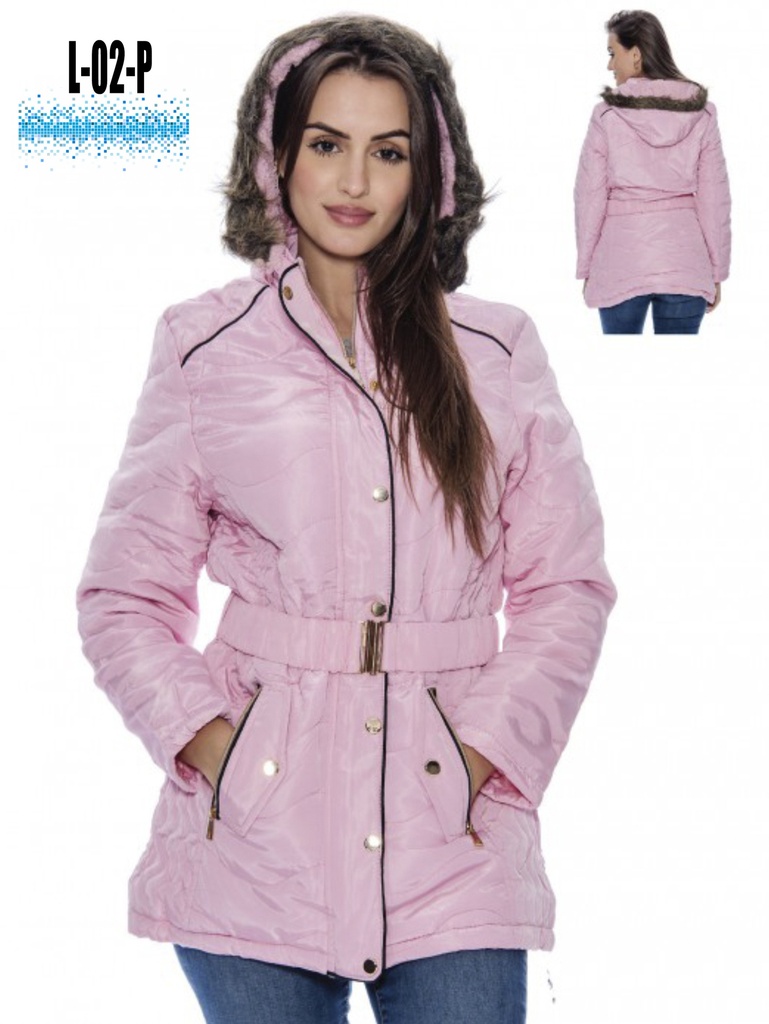 [200L02PM] Women's Lilac Belted Faux Fur Hooded Puffer Jacket L-02-P (M)