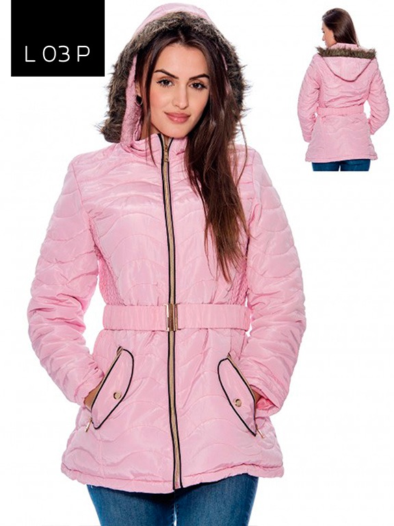 [200L03PS] Women's Pink Belted Faux Fur Hooded Puffer Jacket L03P (S)