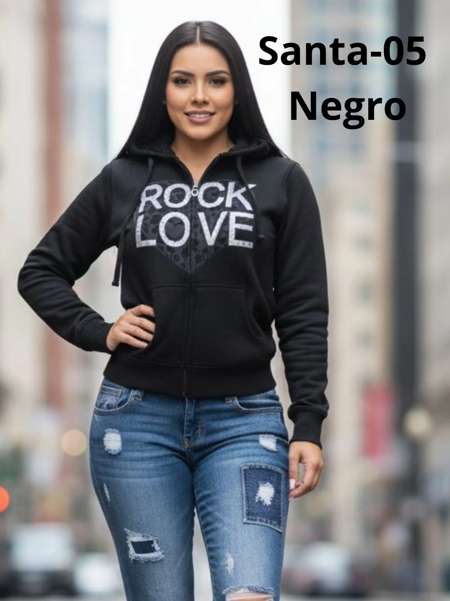 Chaqueta Negra con Capucha – Estampado Rock Love