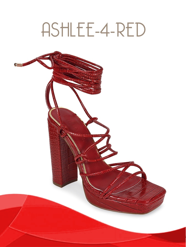 Women's Red Strappy Lace-Up Platform Block Heel Sandals Ashlee-4 Red