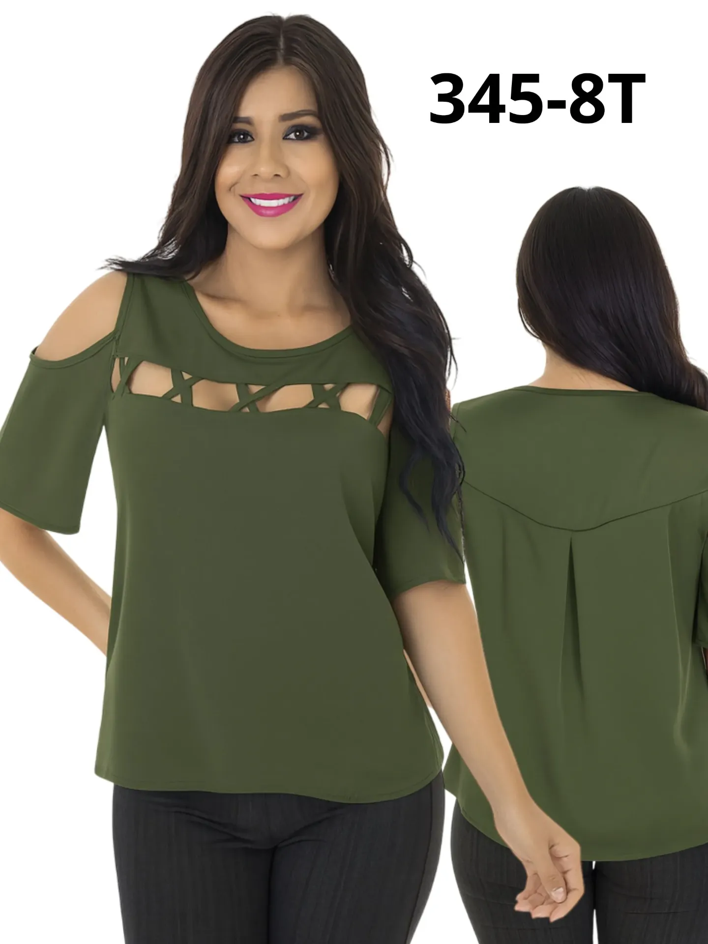Women's Olive Green Cold Shoulder Cutouts Blouse 345-8T