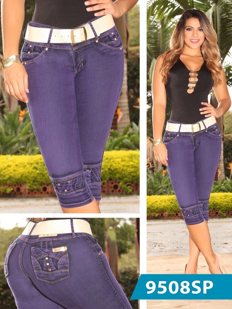 Jeans Capri Dobladillo Bordado Levantacola Morado para Mujer 9508SP