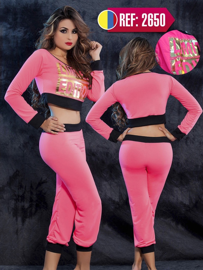 Women's Pink Long Sleeve Crop Top & Pants Two-Piece Set 2650