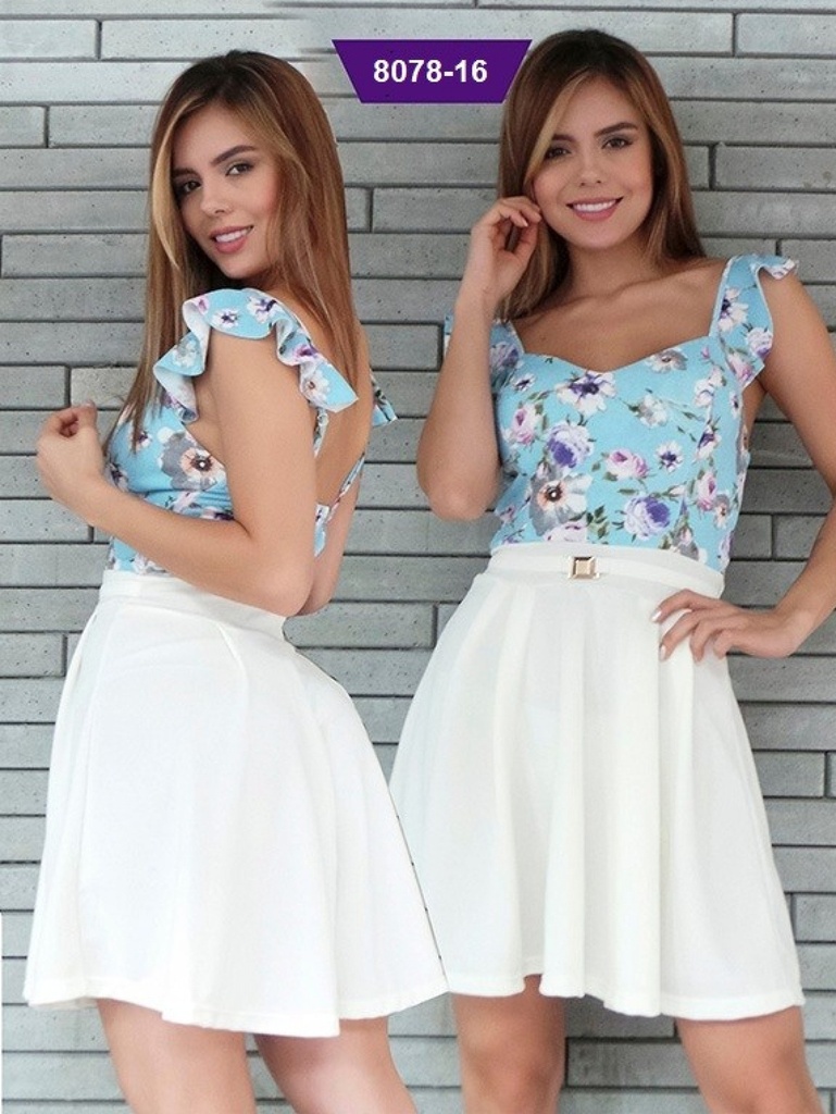 Women's Blue Floral & White Floral Top Skater Mini Dress 8078-16