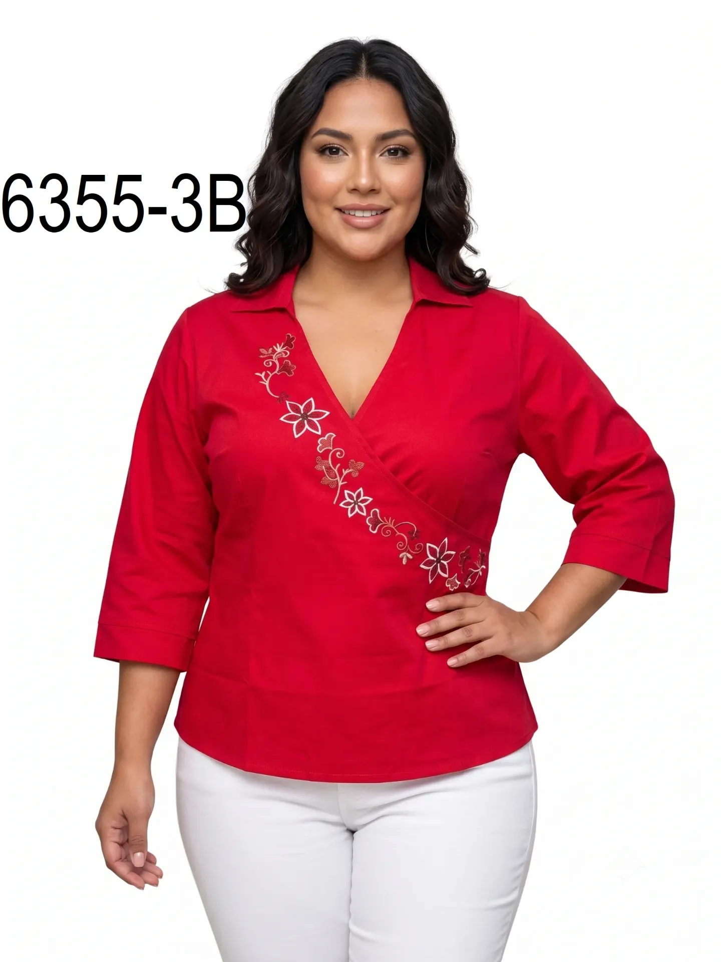 [25063553B14] Women's Red Plus Size Embroidered Wrap Blouse 6355-3B (L)