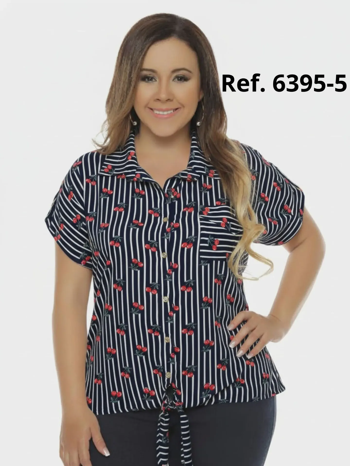 Women's Navy Striped Plus Size Button-Up Shirt Blouse 6395-5