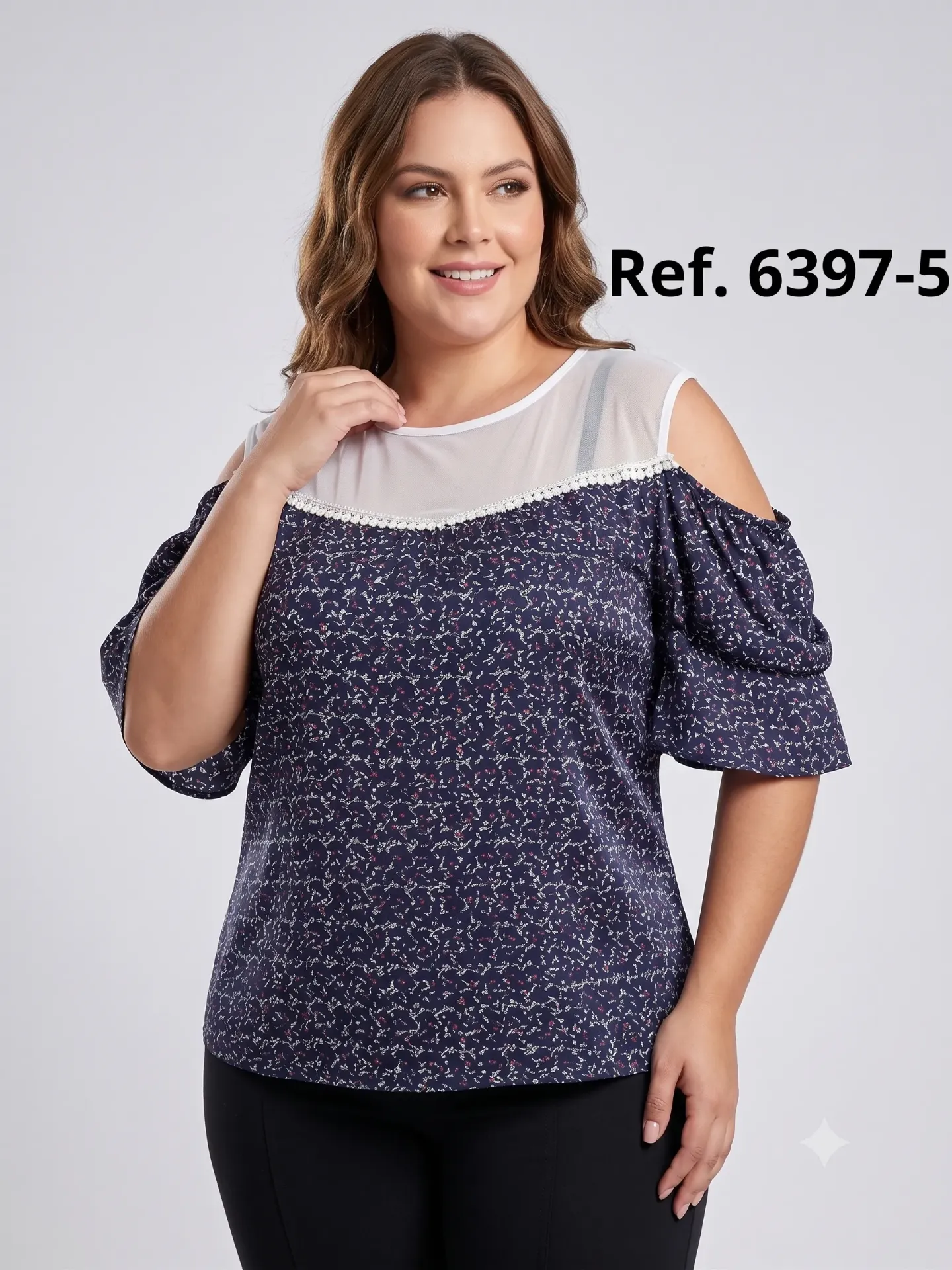 [25063975B14] Women's Navy Print Plus Size Cold-Shoulder Blouse 6397-5 (L)