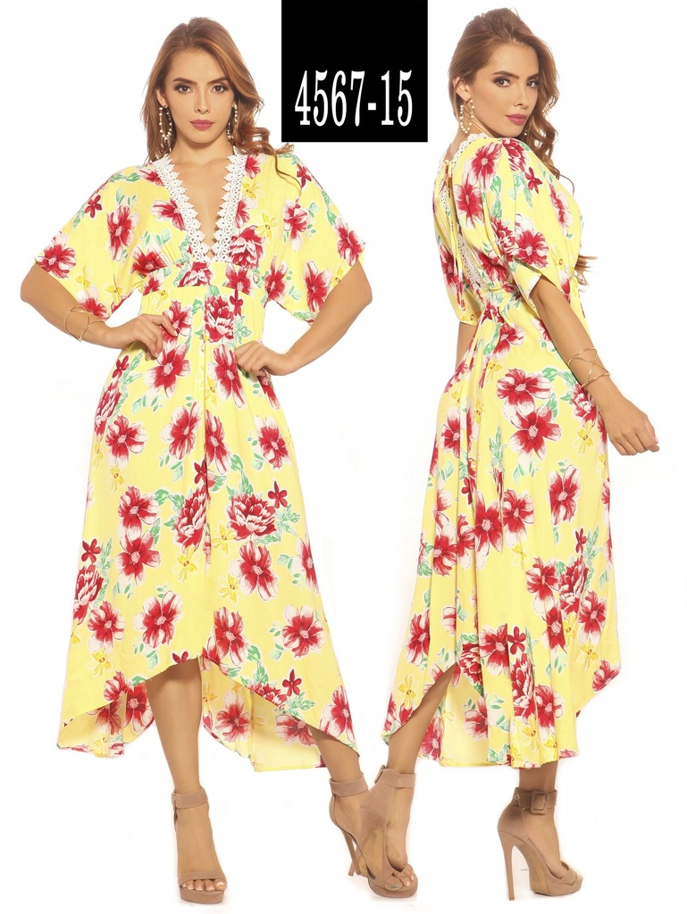 Women's Yellow Floral High-Low Floral Dress 4567-15