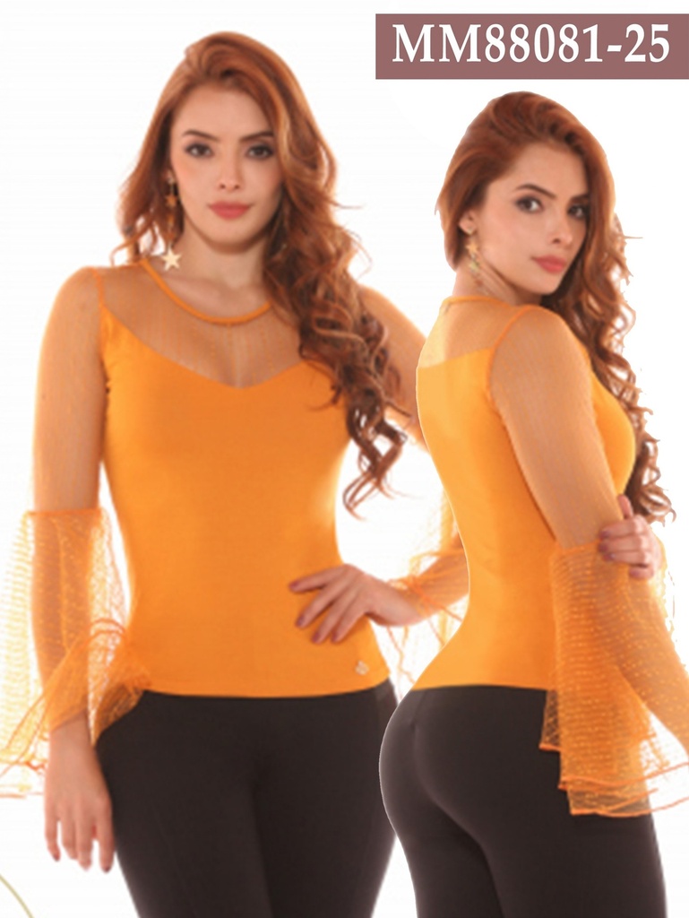 [256MM8808125S] Women's Orange Sheer-Sleeve Blouse MM88081-25 (S)