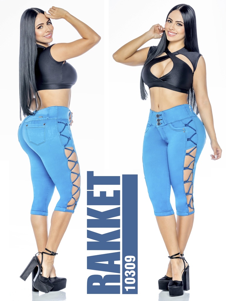 Women's Bright Blue Side Lace-Up Butt Lift Capri Jeans 10309