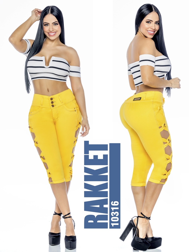 Jeans Capri Cordones Laterales Levantacola Amarillo para Mujer 10316
