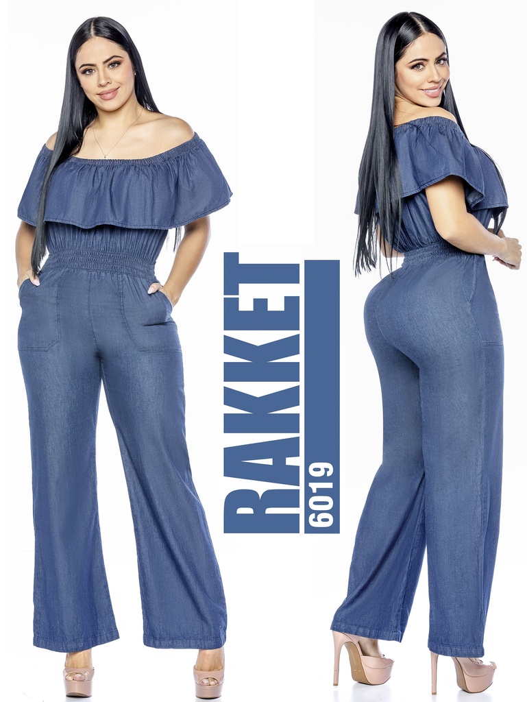 Enterizo Hombros Descubiertos con Volante y Pierna Ancha Mezclilla Media para Mujer 6019