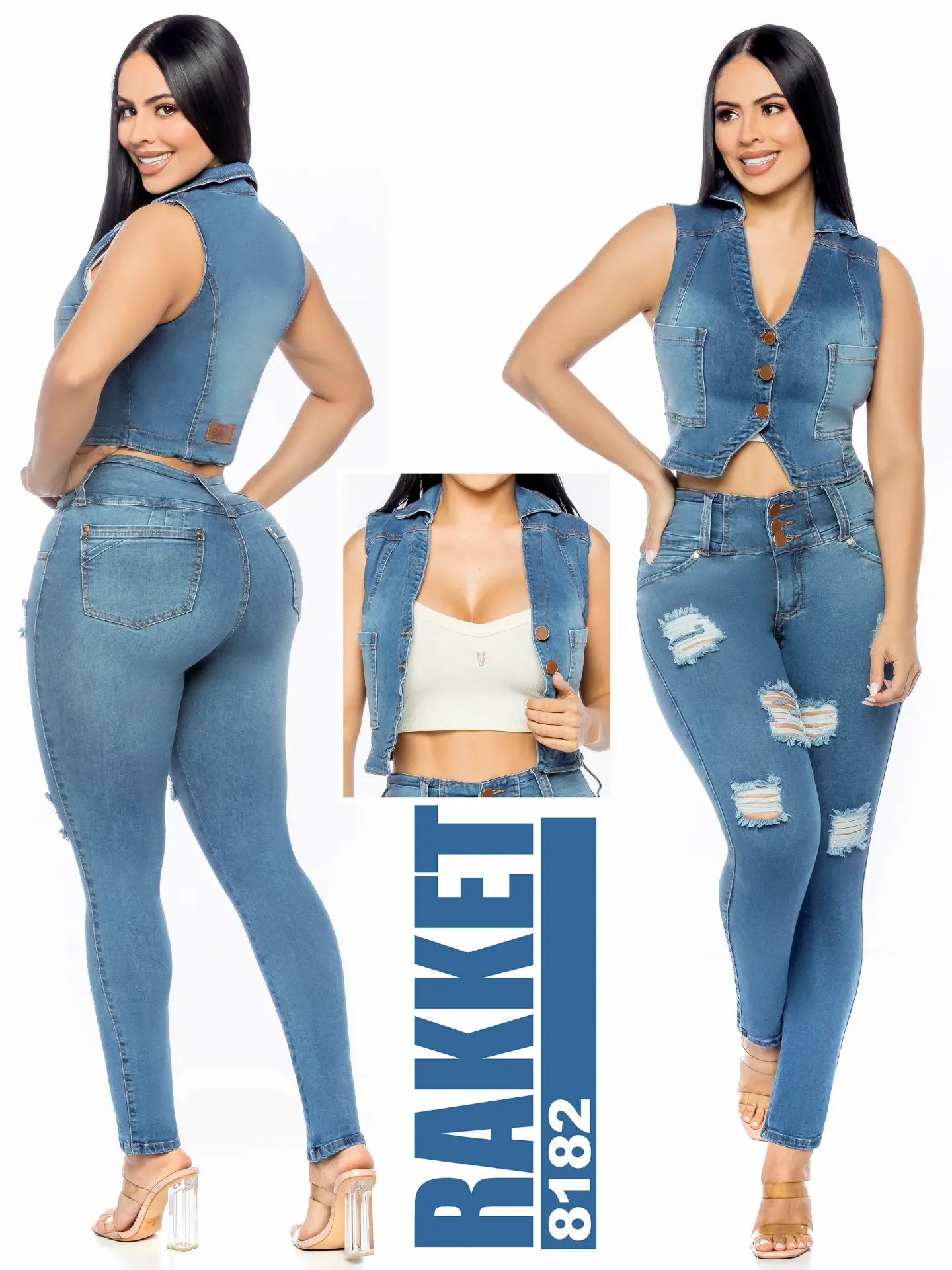 Conjunto de 2 Piezas Chaleco y Jeans Mezclilla Clara Desgastada para Mujer 8182